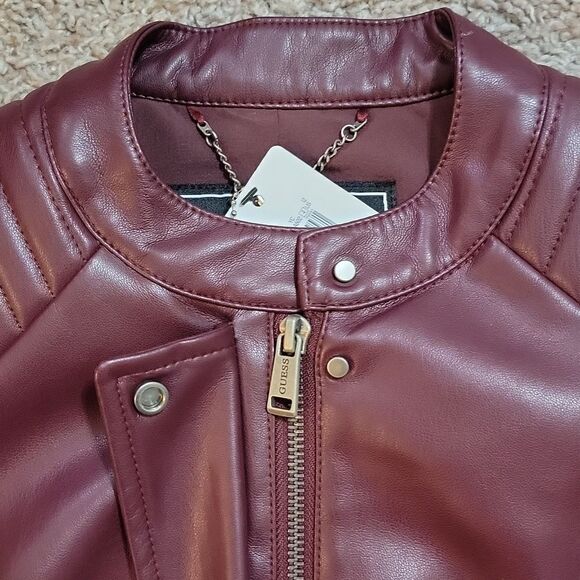 New Guess Fiammetta Faux Leather Moto Jacket Mystic Wine Size XS - Picture 14 of 16